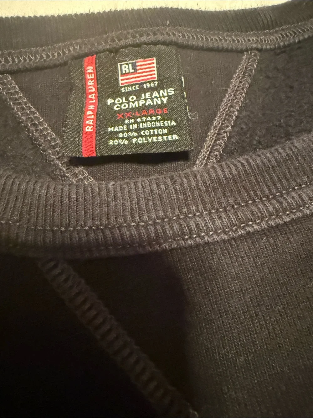 Polo Jeans Co. Ralph Lauren Black RL-67 Fleece Sweatshirt XXL